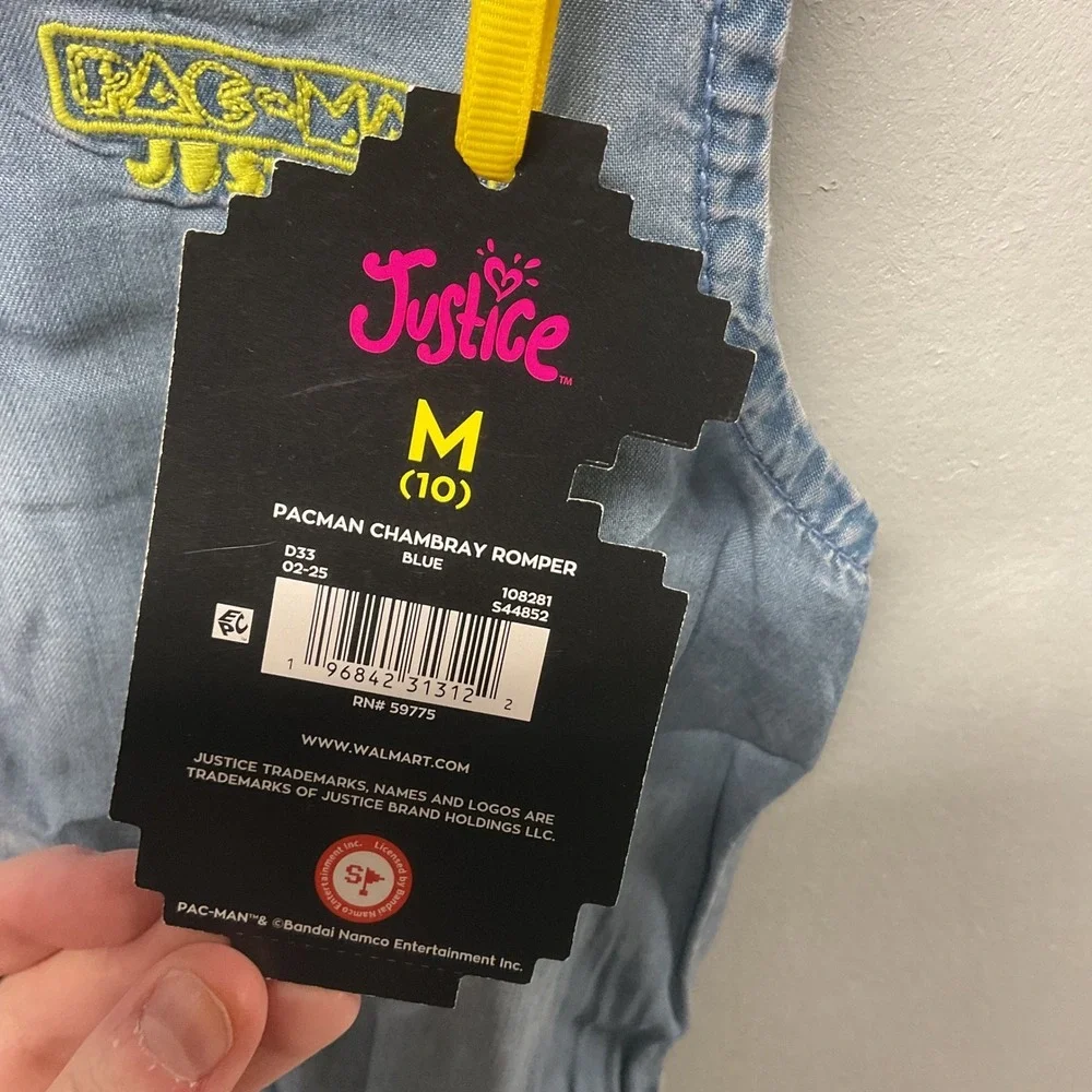 Justice Pac Man Chambray Romper Jumpsuit Girls Size M 10 Blue Sleeveless Zipper‎